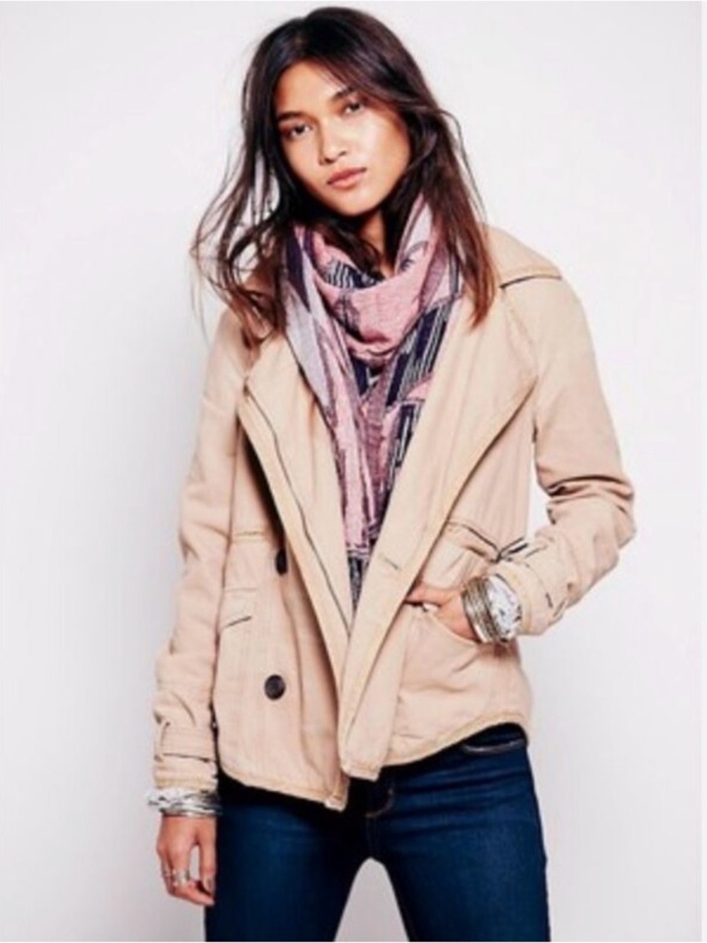 Free People Tipped Canvas Car Coat Tan Brown Floral Lined Jacket XS